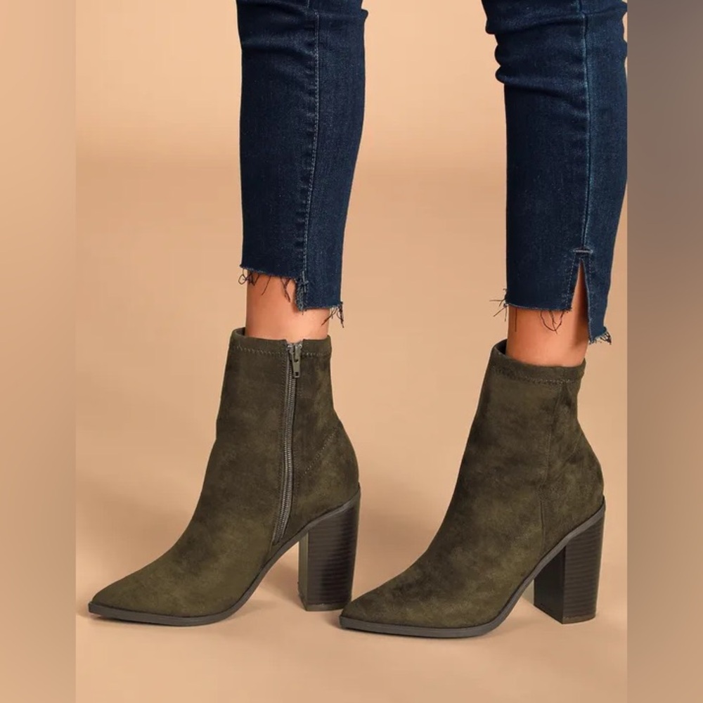 Lulu’s Essex Olive Green Suede Mid-Calf Booties